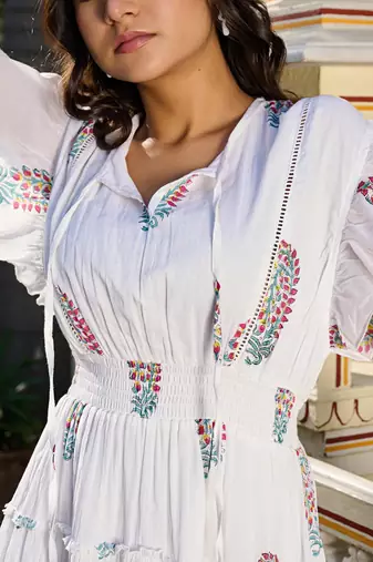 White hand block printed cotton tiered mini dress boho chic