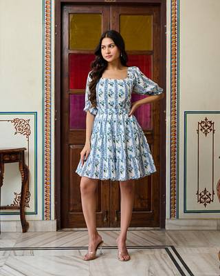 Blue & white floral hand block printed cotton mini dress tie up back 1