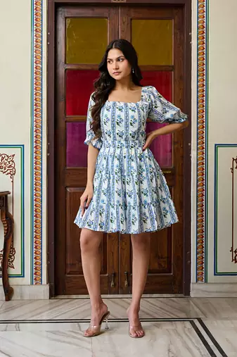 Blue & white floral hand block printed cotton mini dress tie up back
