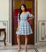 Blue & white floral hand block printed cotton mini dress tie up back