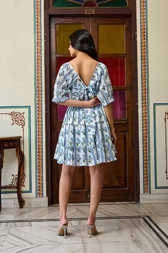 Blue & white floral hand block printed cotton mini dress tie up back