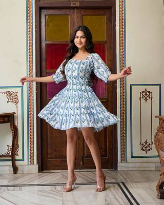 Blue & white floral hand block printed cotton mini dress tie up back 3