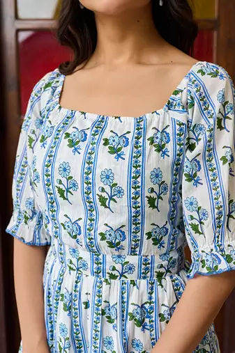 Blue & white floral hand block printed cotton mini dress tie up back