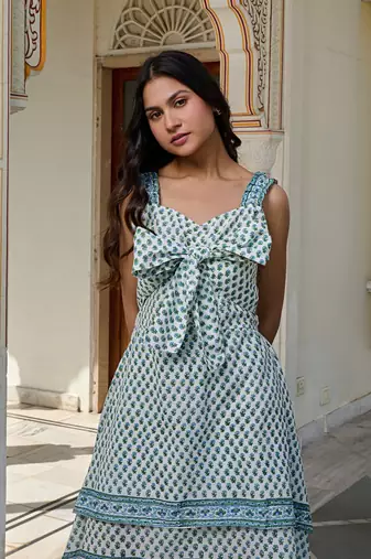 Handcrafted cotton high low mini dress bow tie front & back