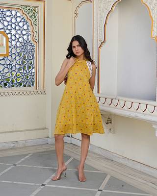 Golden bloom halter cotton mini dress elegant & breathable summer wear 1