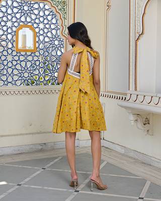 Golden bloom halter cotton mini dress elegant & breathable summer wear 3