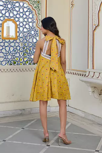 Golden bloom halter cotton mini dress elegant & breathable summer wear