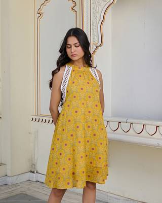 Golden bloom halter cotton mini dress elegant & breathable summer wear 4