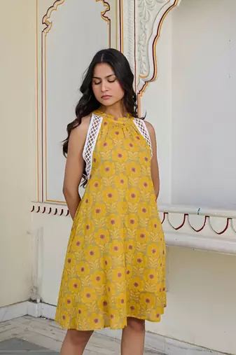 Golden bloom halter cotton mini dress elegant & breathable summer wear