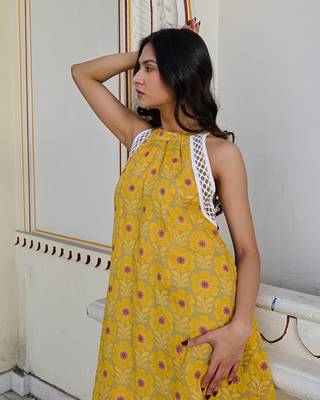 Golden bloom halter cotton mini dress elegant & breathable summer wear 5