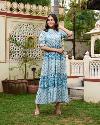 Hand block printed blue cotton women maxi dress 1