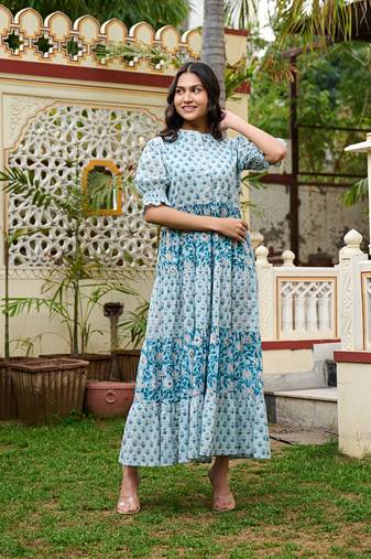 Hand block printed blue cotton women maxi dress