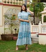 Hand block printed blue cotton women maxi dress