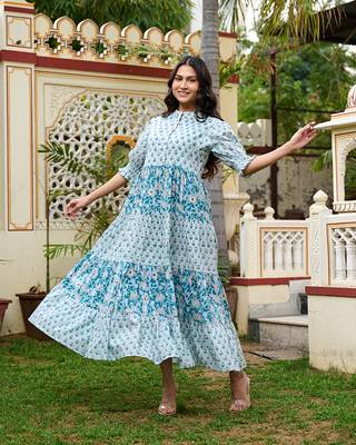 Hand block printed blue cotton women maxi dress 2