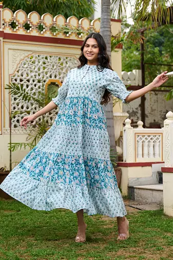 Hand block printed blue cotton women maxi dress