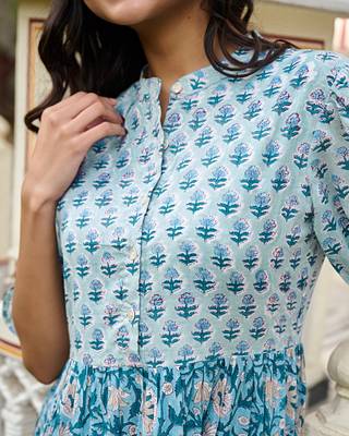 Hand block printed blue cotton women maxi dress 3