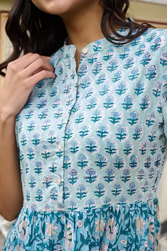 Hand block printed blue cotton women maxi dress