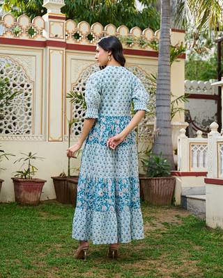Hand block printed blue cotton women maxi dress 5