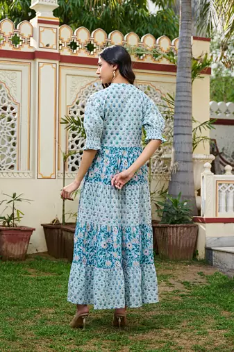 Hand block printed blue cotton women maxi dress