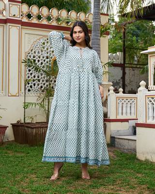 Hand block print maxi dress boho chic flowy dress with 3/4 sleeves 1