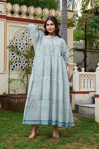 Hand block print maxi dress boho chic flowy dress with 3/4 sleeves