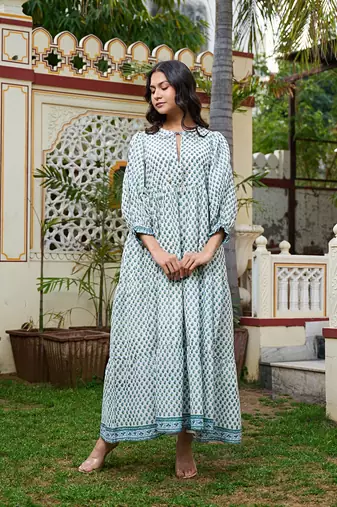 Hand block print maxi dress boho chic flowy dress with 3/4 sleeves