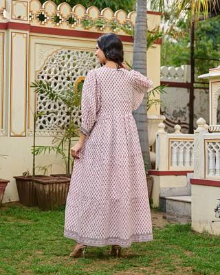 Hand block print cotton tiered maxi dress boho chic dress with 3/4 sleeves 2
