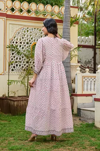 Hand block print cotton tiered maxi dress boho chic dress with 3/4 sleeves