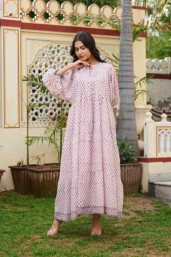 Hand block print cotton tiered maxi dress boho chic dress with 3/4 sleeves