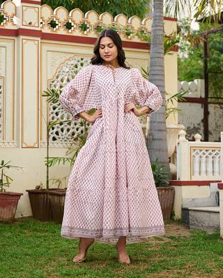 Hand block print cotton tiered maxi dress boho chic dress with 3/4 sleeves 3