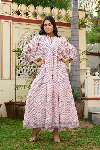 Hand block print cotton tiered maxi dress boho chic dress with 3/4 sleeves