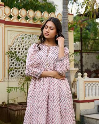 Hand block print cotton tiered maxi dress boho chic dress with 3/4 sleeves 4
