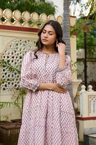 Hand block print cotton tiered maxi dress boho chic dress with 3/4 sleeves