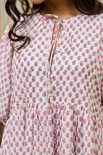 Hand block print cotton tiered maxi dress boho chic dress with 3/4 sleeves