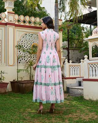 Floral hand block print cotton maxi dress sleeveless tiered dress 2