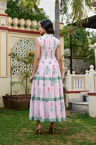 Floral hand block print cotton maxi dress sleeveless tiered dress