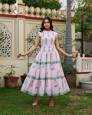 Floral hand block print cotton maxi dress sleeveless tiered dress 1