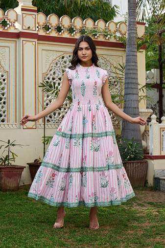 Floral hand block print cotton maxi dress sleeveless tiered dress