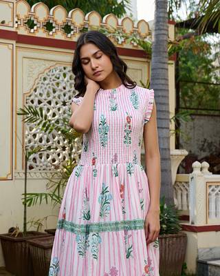 Floral hand block print cotton maxi dress sleeveless tiered dress 3