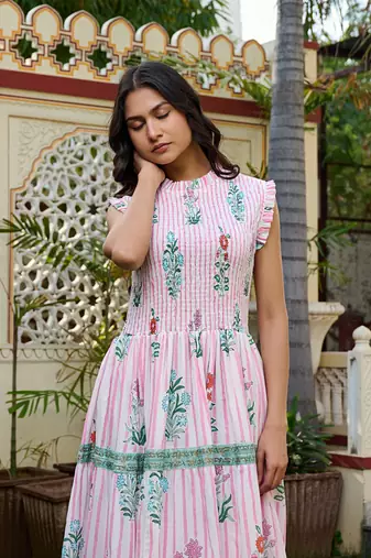 Floral hand block print cotton maxi dress sleeveless tiered dress