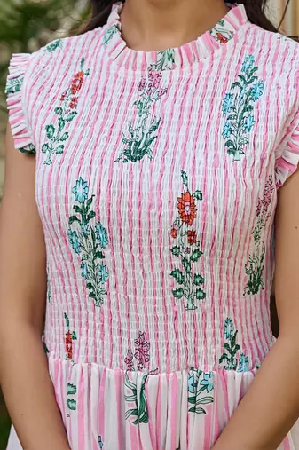 Floral hand block print cotton maxi dress sleeveless tiered dress