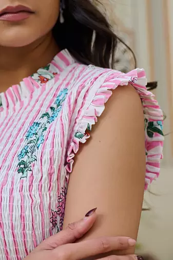 Floral hand block print cotton maxi dress sleeveless tiered dress