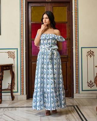 Off shoulder hand block print cotton maxi dress ruffled boho summer dress 1