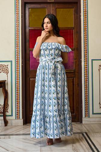 Off shoulder hand block print cotton maxi dress ruffled boho summer dress