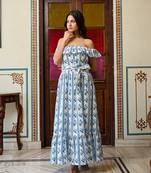 Off shoulder hand block print cotton maxi dress ruffled boho summer dress