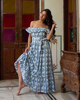 Off shoulder hand block print cotton maxi dress ruffled boho summer dress 2
