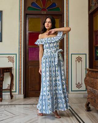 Off shoulder hand block print cotton maxi dress ruffled boho summer dress 3