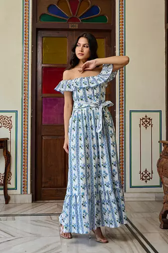 Off shoulder hand block print cotton maxi dress ruffled boho summer dress