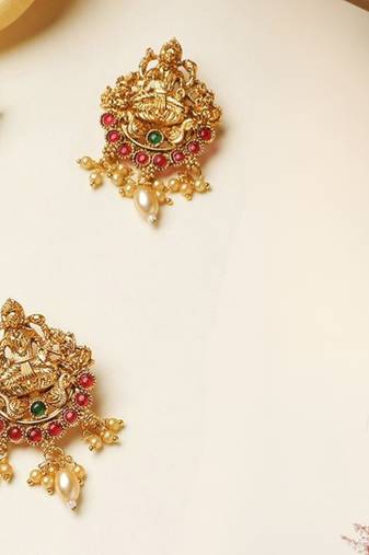Matte gold south indian temple theme maa lakshmi motif earrings