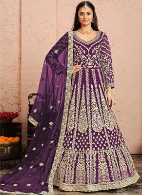 Purple embroidery net anarkali suit 1